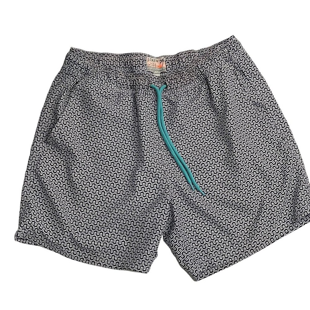 J. Crew Factory Black and White Patterned Men's Swim Trunks with Teal Drawstring